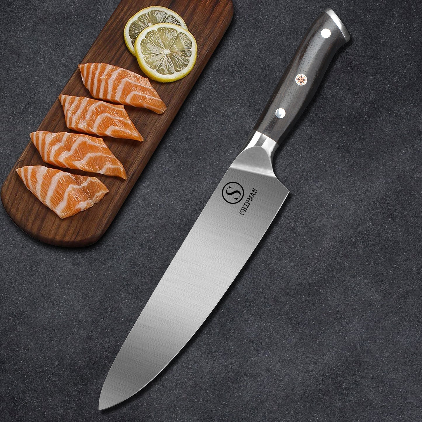 Chef Knife with Ebony Wood Handle and Mosaic Pin